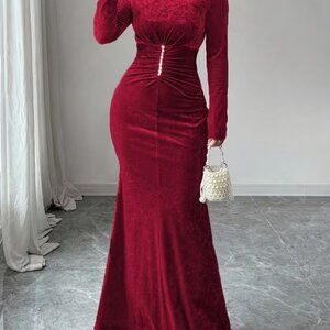 Red Velvet Party Maxi Dress, Size L